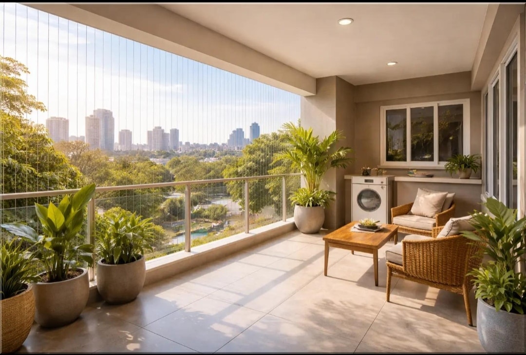 Spacious balcony with plants and full invisible grill coverage